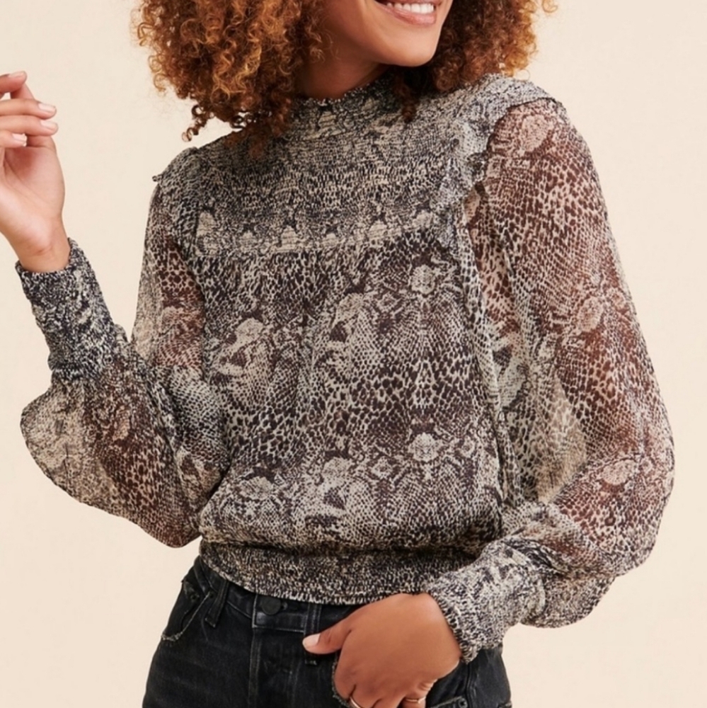 Free People Roma Snake Skin Mock Neck Top Semi Sheer Long Sleeve Ties in Back XS